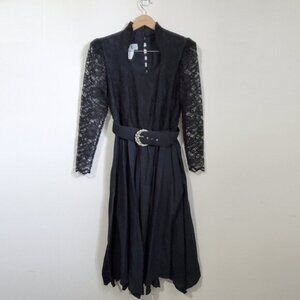 VINTAGE Women's Medium Lilia Smith Western Lace & Cotton Belted Maxi Dress Blk